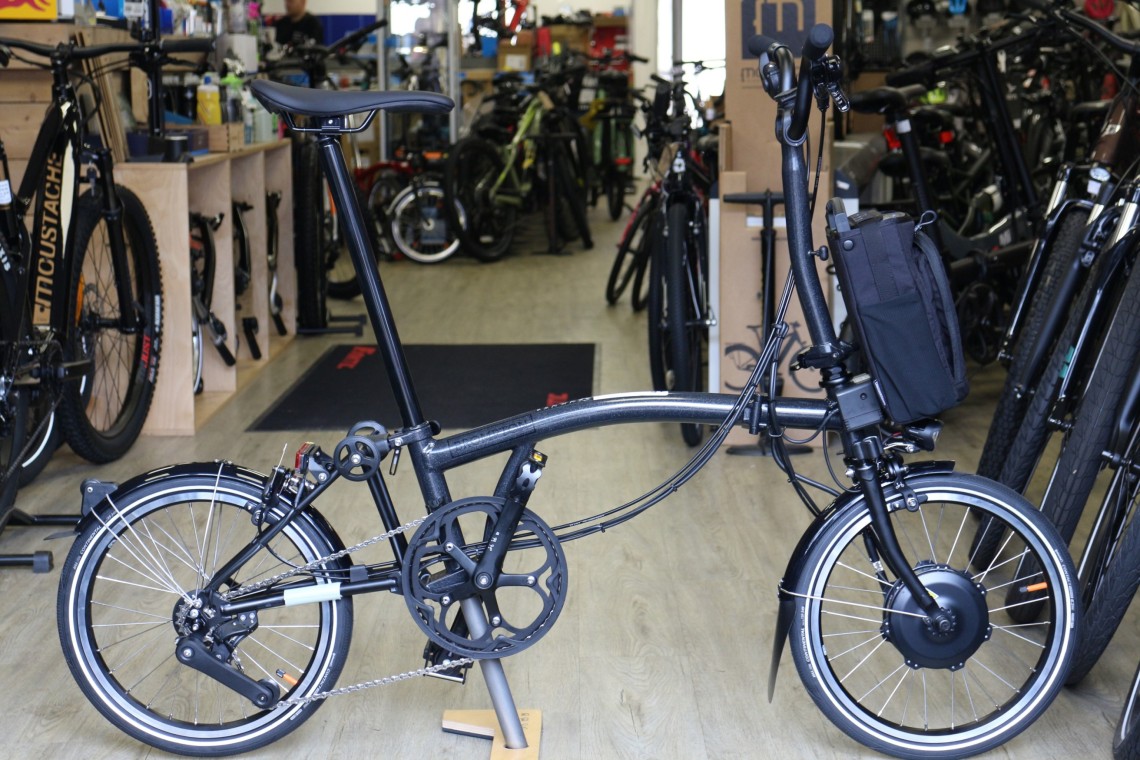 Brompton Electric P Line Urban Mid Bar Midnight Black 2024 Folding Bike Damian Harris Cycles E bike specialist Cardiff UK